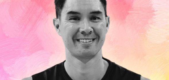 Erik Shoji edited into a pastel rainbow background.