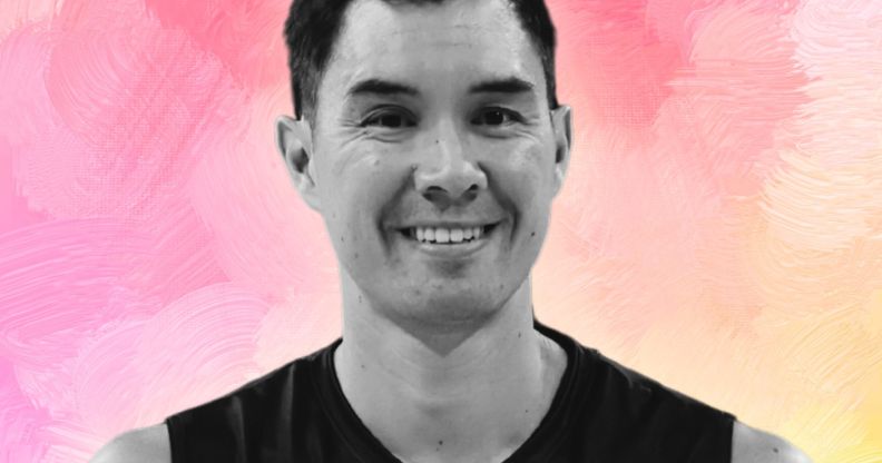 Erik Shoji edited into a pastel rainbow background.