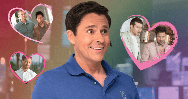 Josh Russo from 9-1-1 in front of a rainbow background. Hearts around him show Buck and Eddie, Chim and Bobby, and Father Brian.