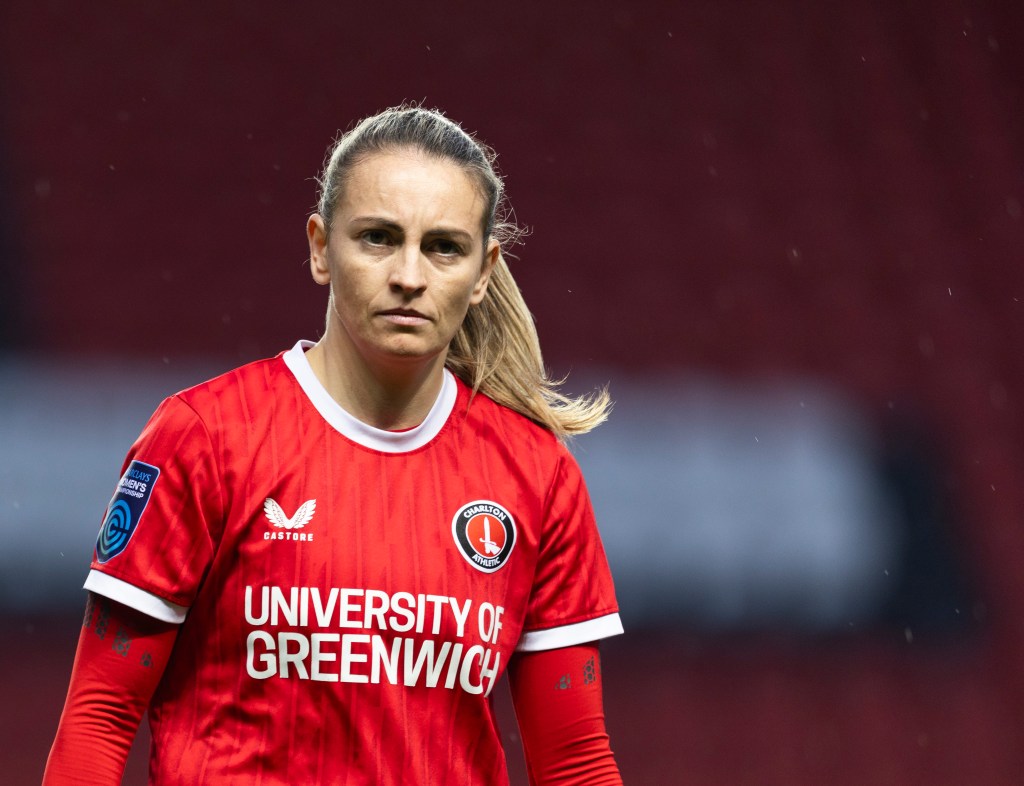 Kayleigh Barton of Charlton Athletic on the pitch in all red.
