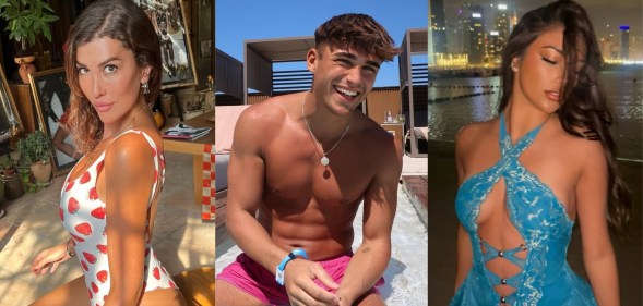 Rumoured Love Island cast: three images. Woman on the left in a strawberry print swimming costume, man in the middle in pink swim shorts in a pool and final image of a woman in blue velvet halter-neck dress in front of a skyline.