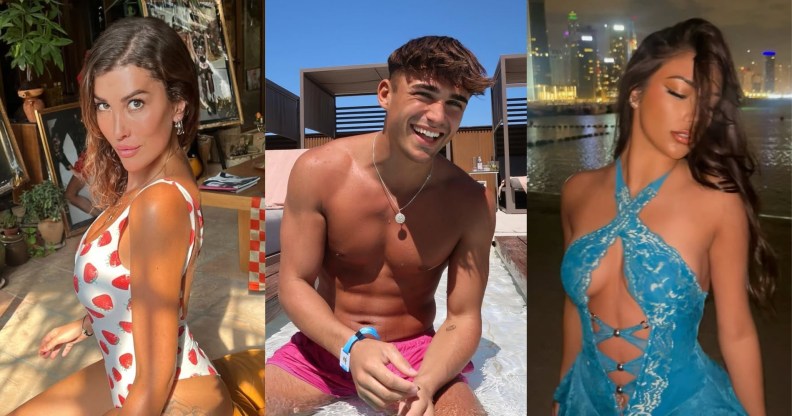 Rumoured Love Island cast: three images. Woman on the left in a strawberry print swimming costume, man in the middle in pink swim shorts in a pool and final image of a woman in blue velvet halter-neck dress in front of a skyline.