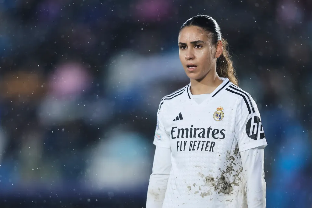 Maelle Lakrar of Real Madrid looks on during the UEFA Women's Champions League Quarter Finals First Leg match