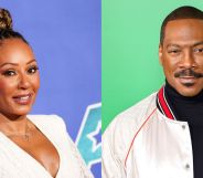 Mel B on the left in a white dress against a blue background and Eddie Murphy on the right in a white and red jacket against a green background.