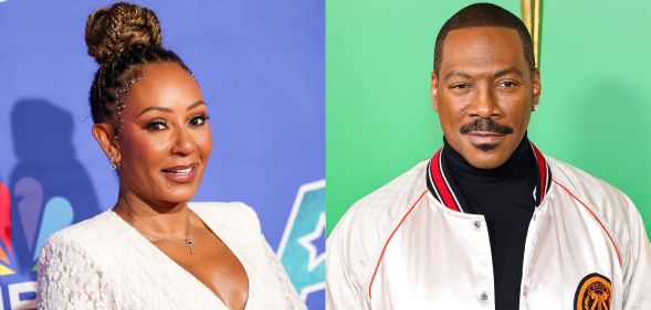 Mel B on the left in a white dress against a blue background and Eddie Murphy on the right in a white and red jacket against a green background.