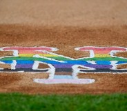 A detail shot of the New York Mets Pride Night logo during the game between the Tampa Bay Rays and the New York Mets at Citi Field
