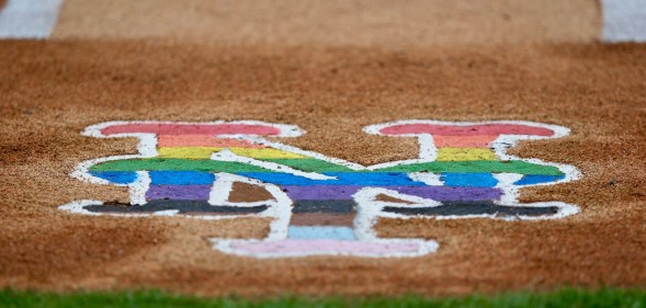 A detail shot of the New York Mets Pride Night logo during the game between the Tampa Bay Rays and the New York Mets at Citi Field