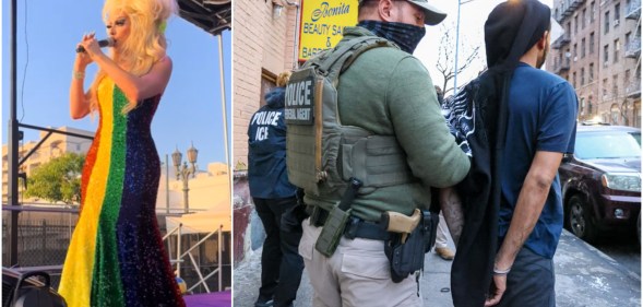 Left photo - an image of Alaska in a rainbow dress and blonde wig, right hand photo: an ICE raid in progress in NYC