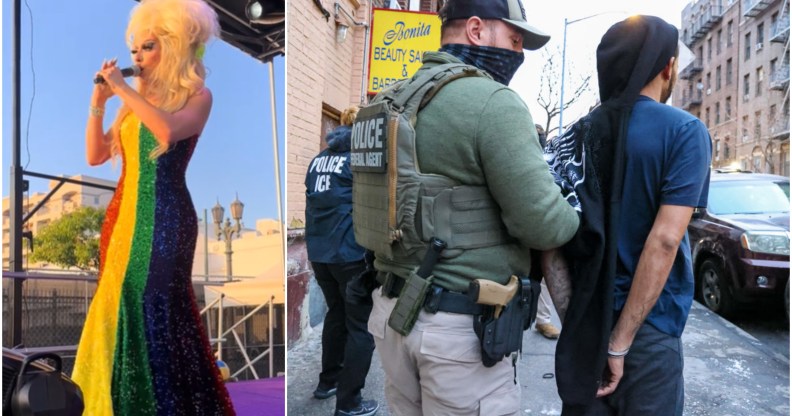 Left photo - an image of Alaska in a rainbow dress and blonde wig, right hand photo: an ICE raid in progress in NYC