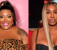 On the left, TS Madison in a leopard print outfit, smiling while stood against a pink and white background. On the right, NeNe leakes in a back top, looking stern faced.