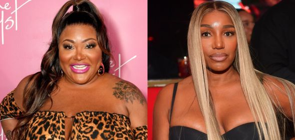 On the left, TS Madison in a leopard print outfit, smiling while stood against a pink and white background. On the right, NeNe leakes in a back top, looking stern faced.