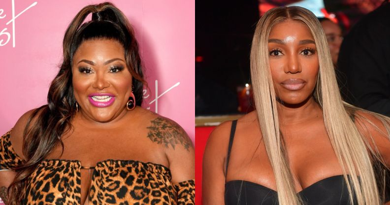 On the left, TS Madison in a leopard print outfit, smiling while stood against a pink and white background. On the right, NeNe leakes in a back top, looking stern faced.
