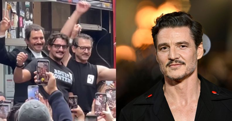 On the left, three Pedro Pascal lookalikes at a Pedro Pascal lookalike contest. On the right, Pedro Pascal in a black top with plunging neckline.