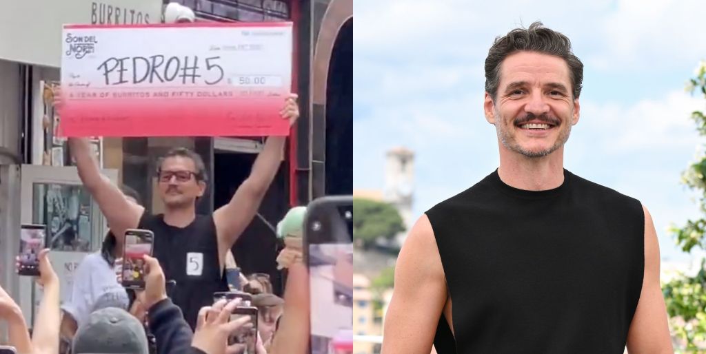 On the left, George Gountas at a Pedro Pascal lookalike contest, holding a red and white plaque that reads Pedro #5. On the right, Pedro Pascal smiles in a black vest top on the Cannes Film Festival 2025 red carpet.