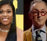 A split image of Peppermint smiling at a red carpet event and Alan Cummings hosting The Traitors.