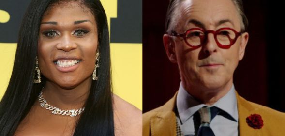 A split image of Peppermint smiling at a red carpet event and Alan Cummings hosting The Traitors.