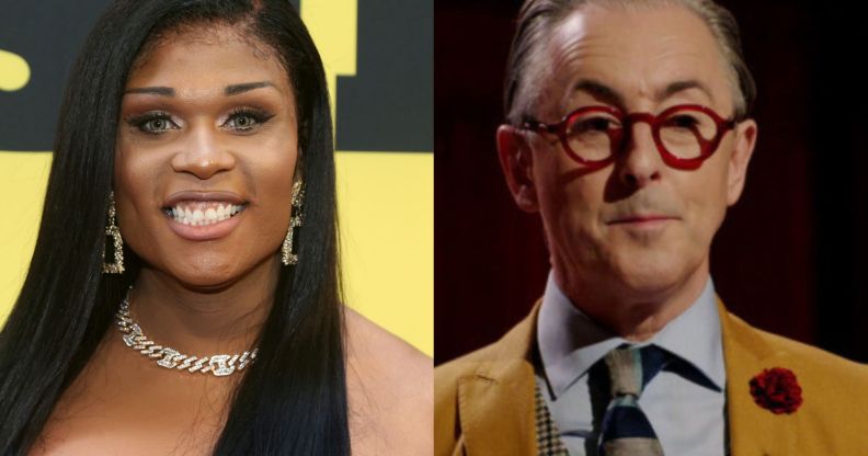 A split image of Peppermint smiling at a red carpet event and Alan Cummings hosting The Traitors.