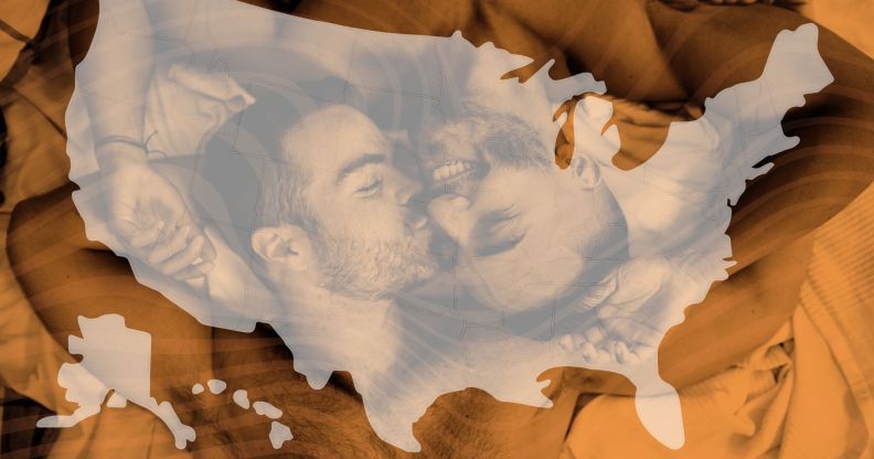 An edited picture of two men kissing with a picture of the American borders on top.