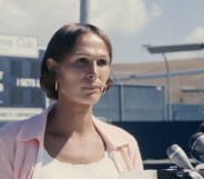Transgender tennis player Dr Renée Richards holding a press conference