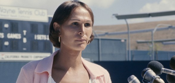Transgender tennis player Dr Renée Richards holding a press conference
