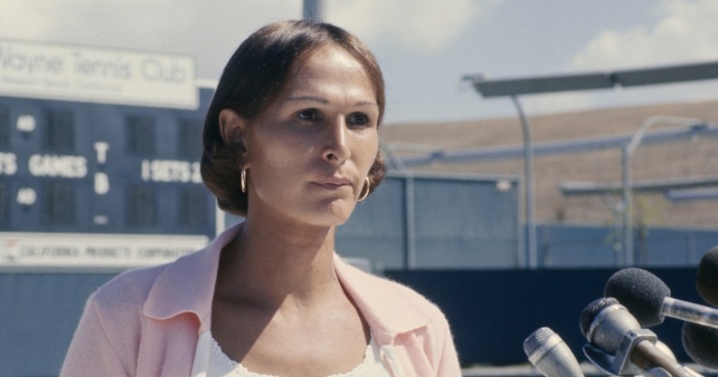 Transgender tennis player Dr Renée Richards holding a press conference