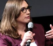 Sarah McBride speaking during the State of Firsts premiere in New York.