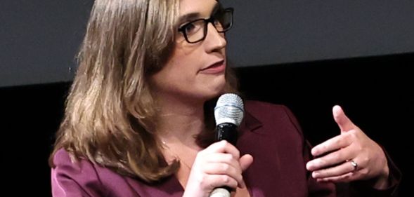 Sarah McBride speaking during the State of Firsts premiere in New York.