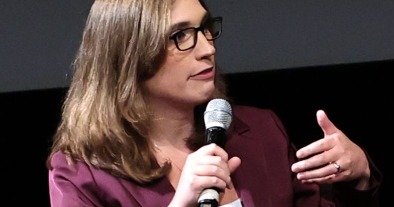 Sarah McBride speaking during the State of Firsts premiere in New York.