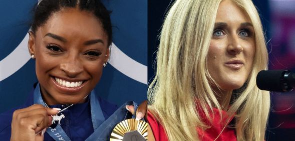 A split image of Simone Biles (left) and Riley Gaines (right)