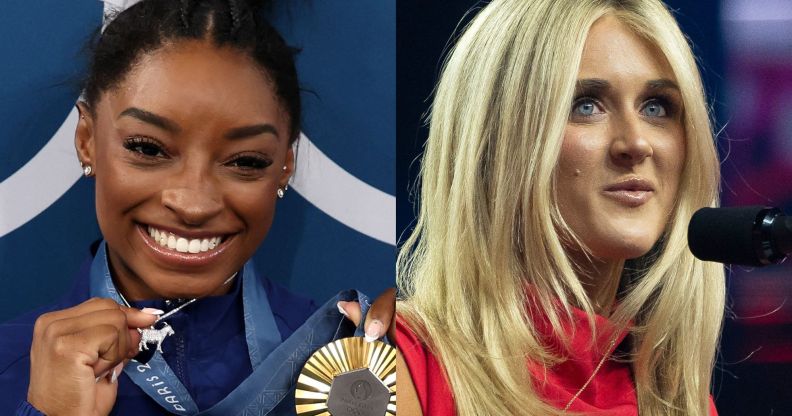 A split image of Simone Biles (left) and Riley Gaines (right)