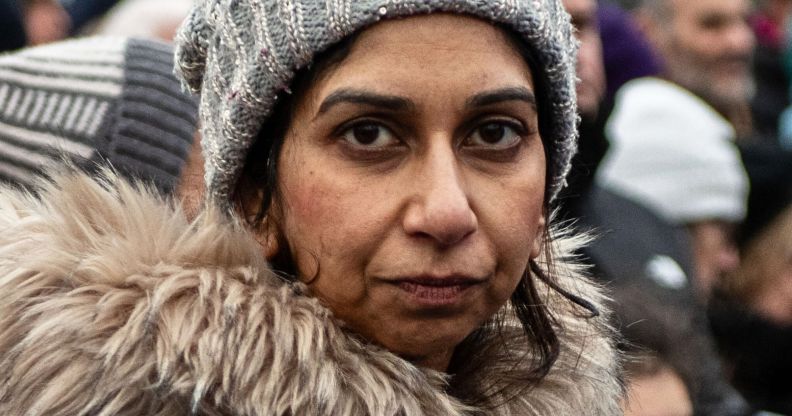 Suella Braverman, pictured looking directly towards the viewer.