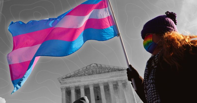 An edited photo of someone holding a trans flag in front of a monochrome Supreme Court building.