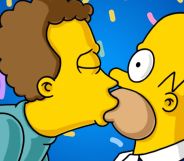 An edited photo of a gay Simpsons character kissing Homer Simpson.