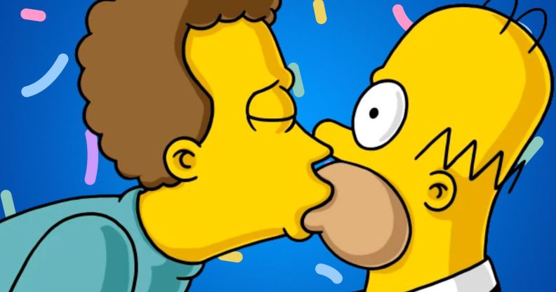 An edited photo of a gay Simpsons character kissing Homer Simpson.