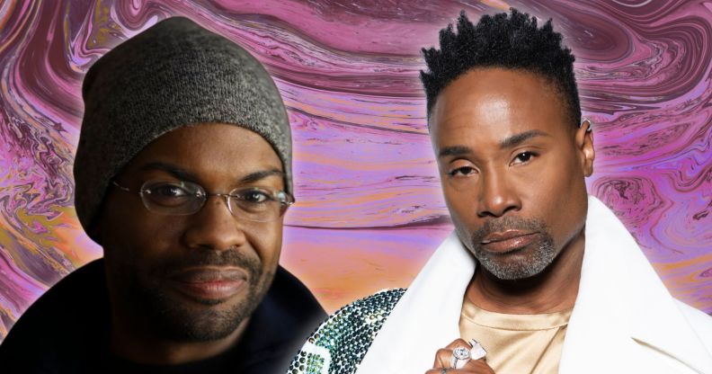 Headshots for Harrison David Rivers and Billy Porter against a purple background.