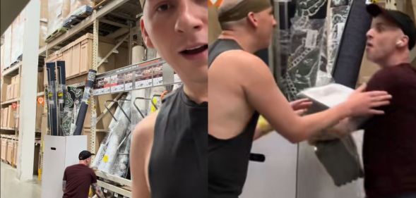 A split image of Trixie Mattel bumping into Katya.