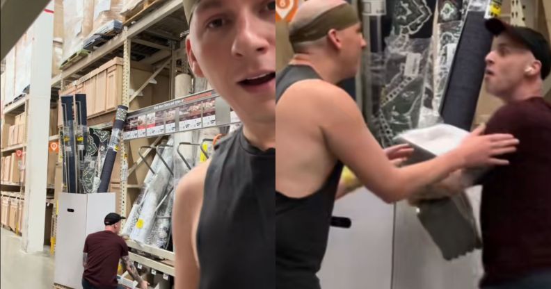 A split image of Trixie Mattel bumping into Katya.