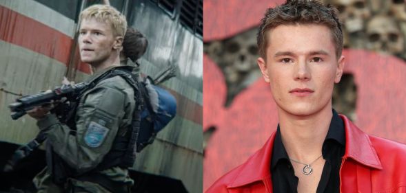 On the left, Edvin Ryding holds a gun as he is dressed as soldier Erik in 28 Years Later. On the right Edvin Ryding wears a black shirt and red blazer on the 28 Years Later red carpet.