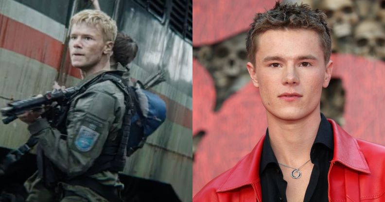On the left, Edvin Ryding holds a gun as he is dressed as soldier Erik in 28 Years Later. On the right Edvin Ryding wears a black shirt and red blazer on the 28 Years Later red carpet.
