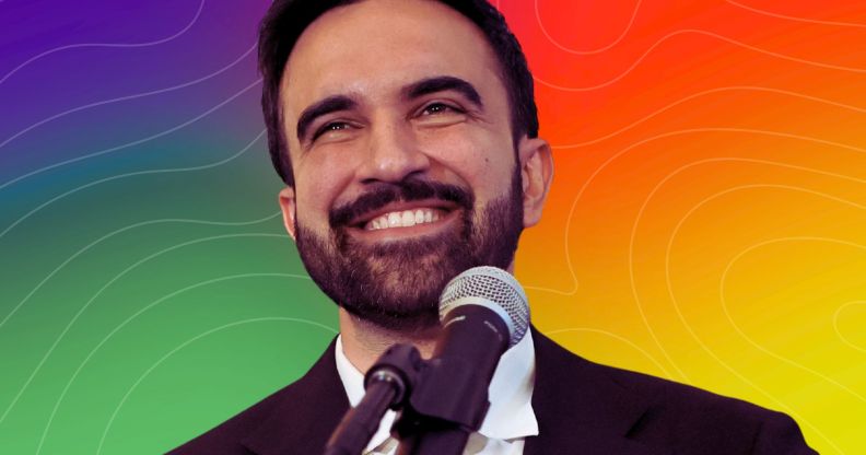 An edited picture of Zahron Mamdani in front of a Pride gradient.