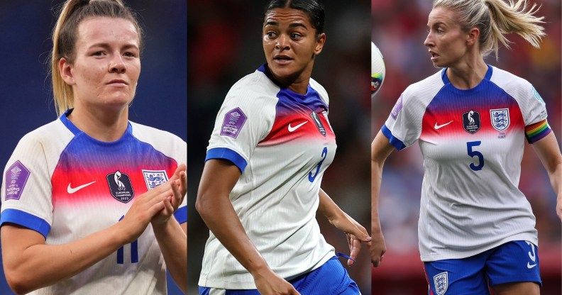 Lauren Hemp, Jess Carter and Leah Williamson on the pitch in the England football kit.