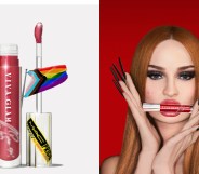 two images: first of the viva glam lip gloss with progress pride flag coming out of the bottle. second image is kim petras with long hair and long black fingernails, with viva glam lip gloss between her lips.