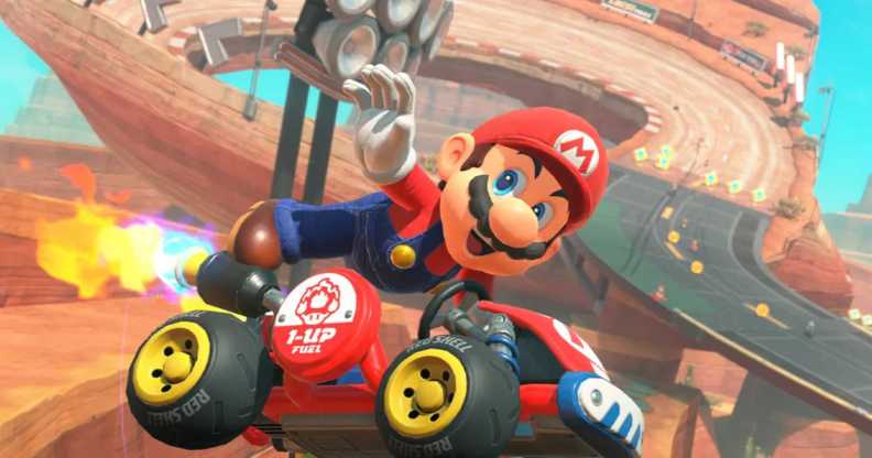 Mario in a graphic for Mario Kart World