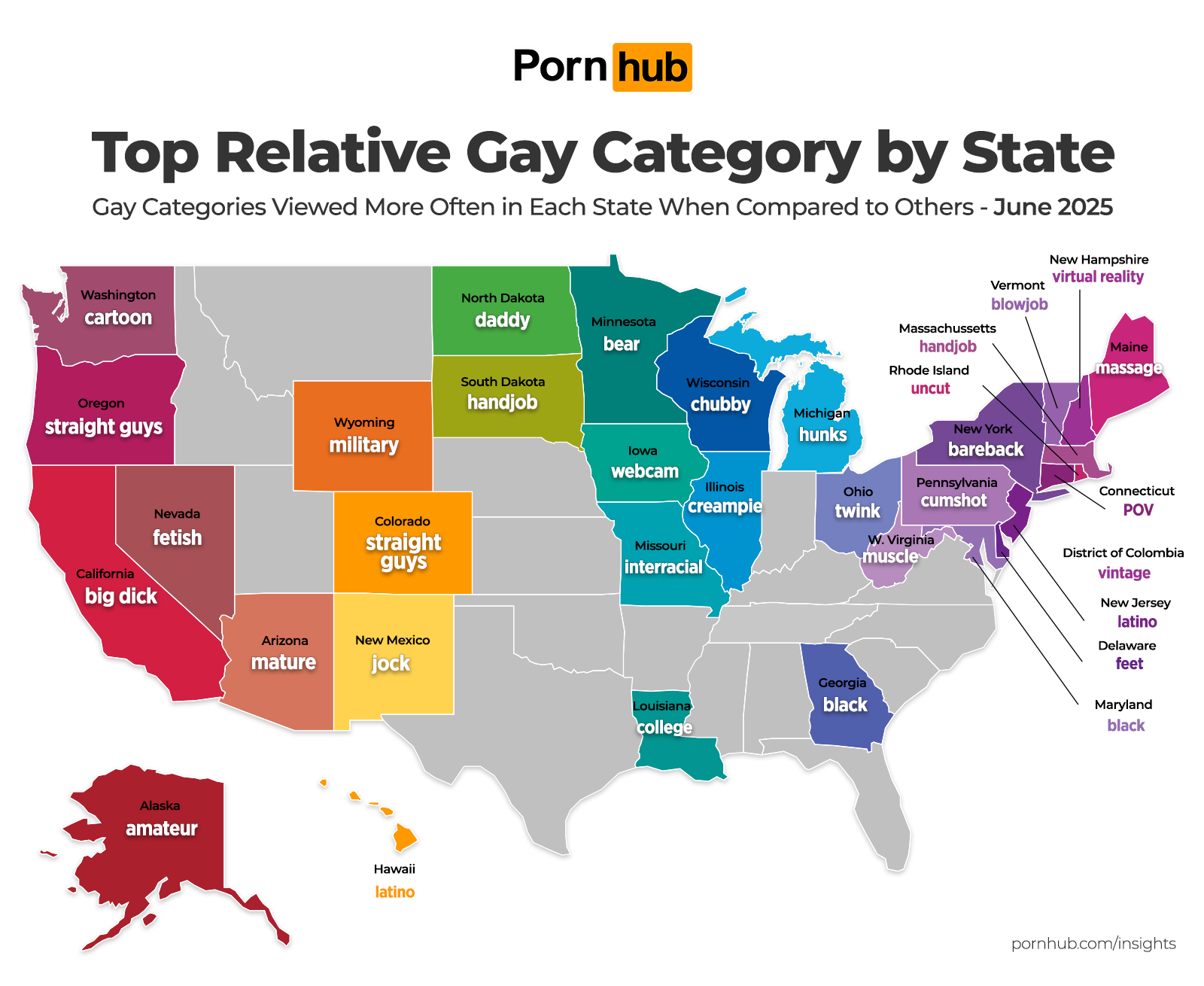 Pornhub reveals most-viewed gay porn in each US state