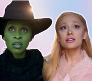 Cynthia Erivo and Ariana Grande in Wicked against a pink and blue background.