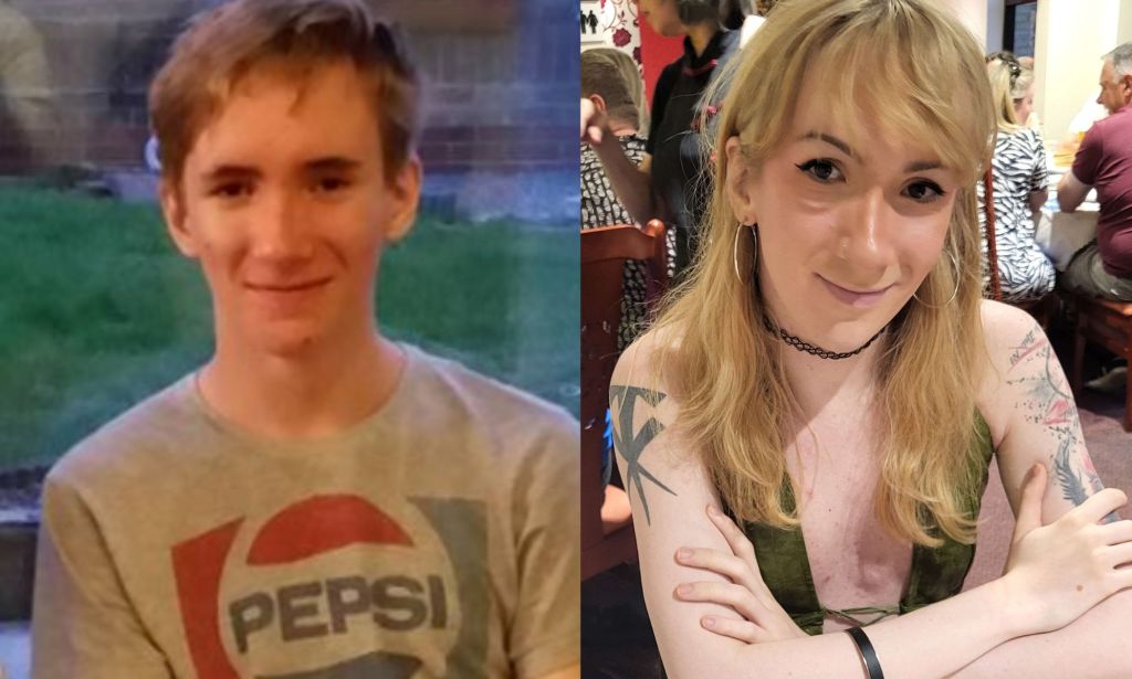 A before and after picture of a trans woman.