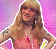 A portrait image of a trans woman edited over a purple background.