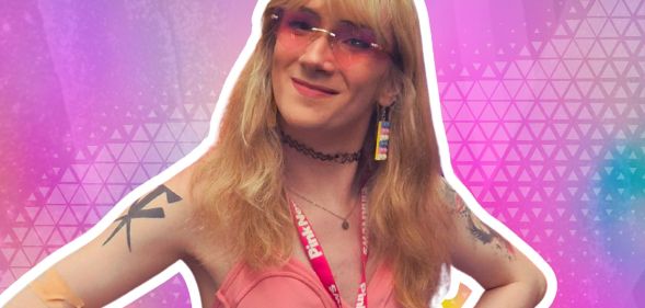 A portrait image of a trans woman edited over a purple background.