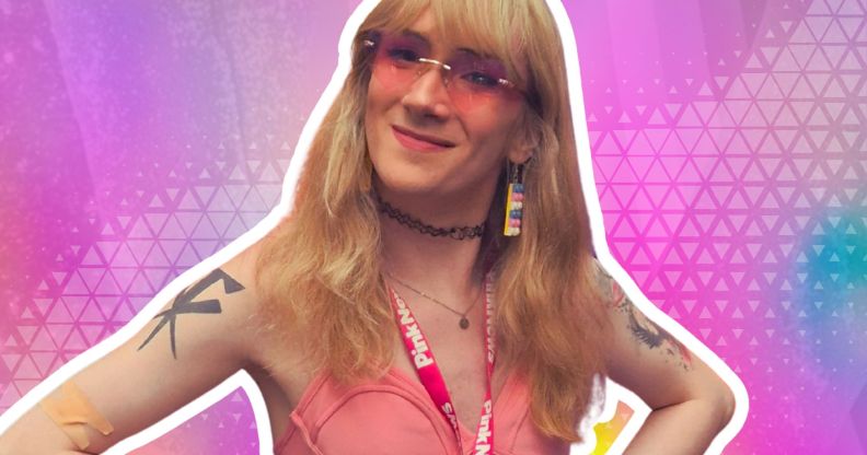 A portrait image of a trans woman edited over a purple background.