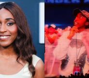 On the left, Ayo Edebiri in a white dress smiling at the The Bear season four premiere. On the right, Ayo Edebiri on screen at a Sabrina Carpenter show performing.